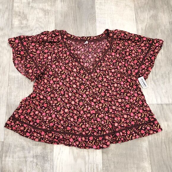 NWT Old Navy Boho Pink Floral Crop Top Size XL V-Neck Peasant Flutter Sleeve - Picture 1 of 6